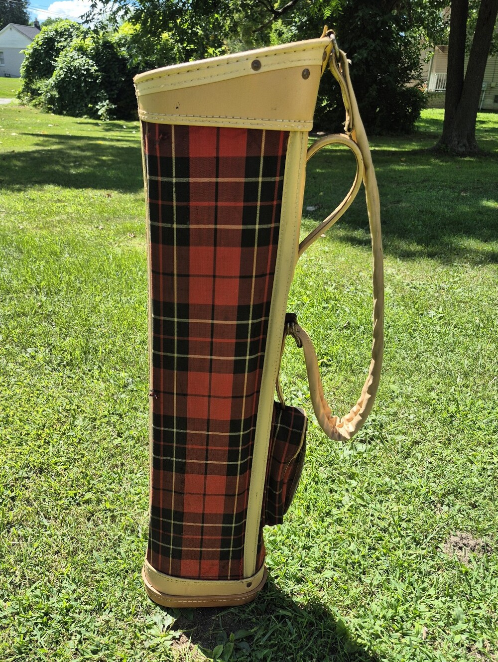 Vintage Sears Tartan Red Plaid Canvas/Leather 2-Way Golf Bag w/Carry Strap